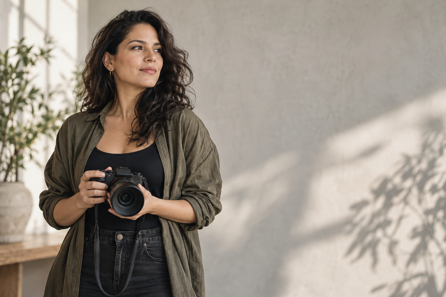 Fotógrafa de Quickly Studio con su cámara