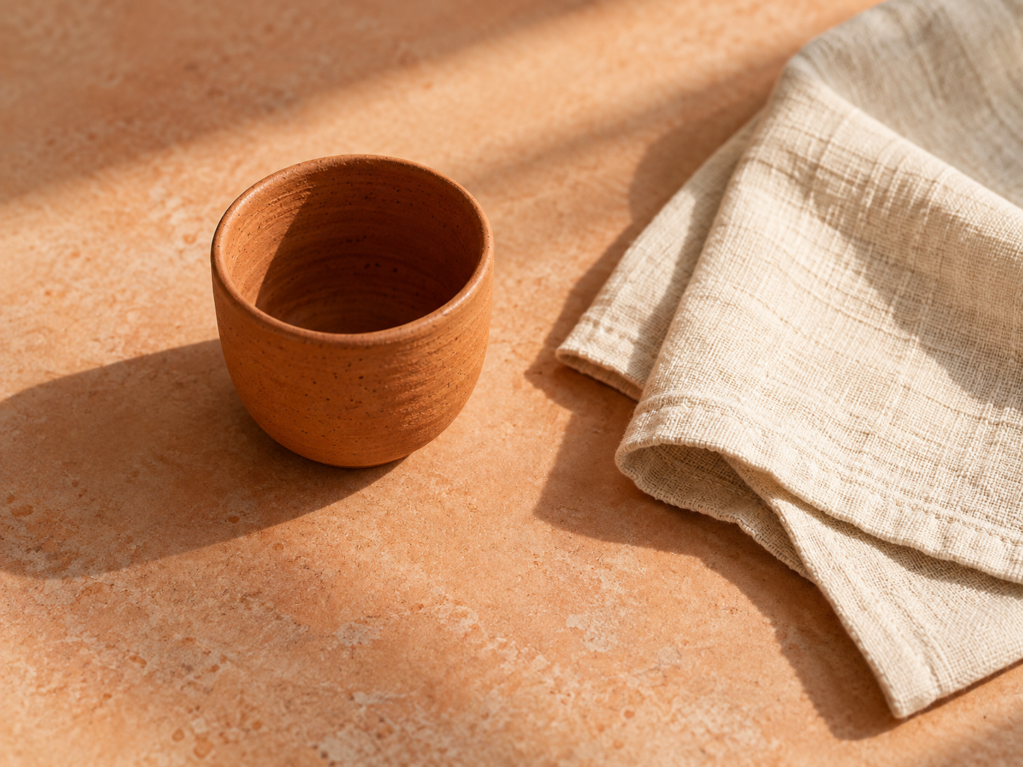 Taza de terracota junto a lino claro